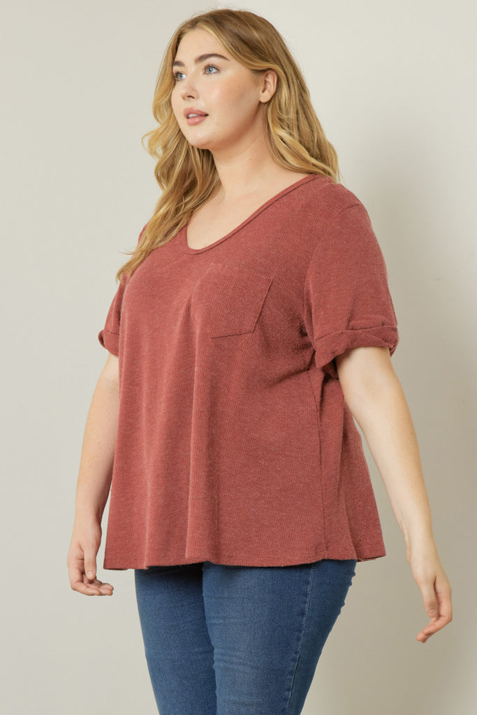 Entro V Neck Relaxed Fit Knit Top With Rolled Cuffs in Brick Plus-Curvy/Plus Tops-Entro-Deja Nu Boutique, Women's Fashion Boutique in Lampasas, Texas