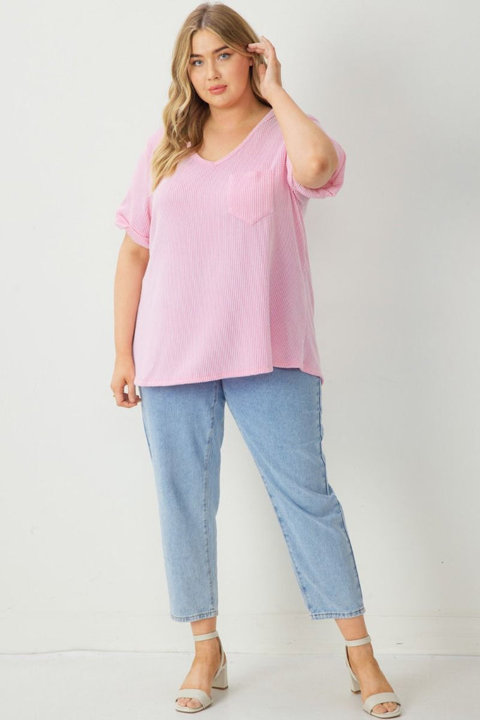 Entro V Neck Relaxed Fit Knit Top With Rolled Cuffs in Pink Plus-Curvy/Plus Tops-Entro-Deja Nu Boutique, Women's Fashion Boutique in Lampasas, Texas