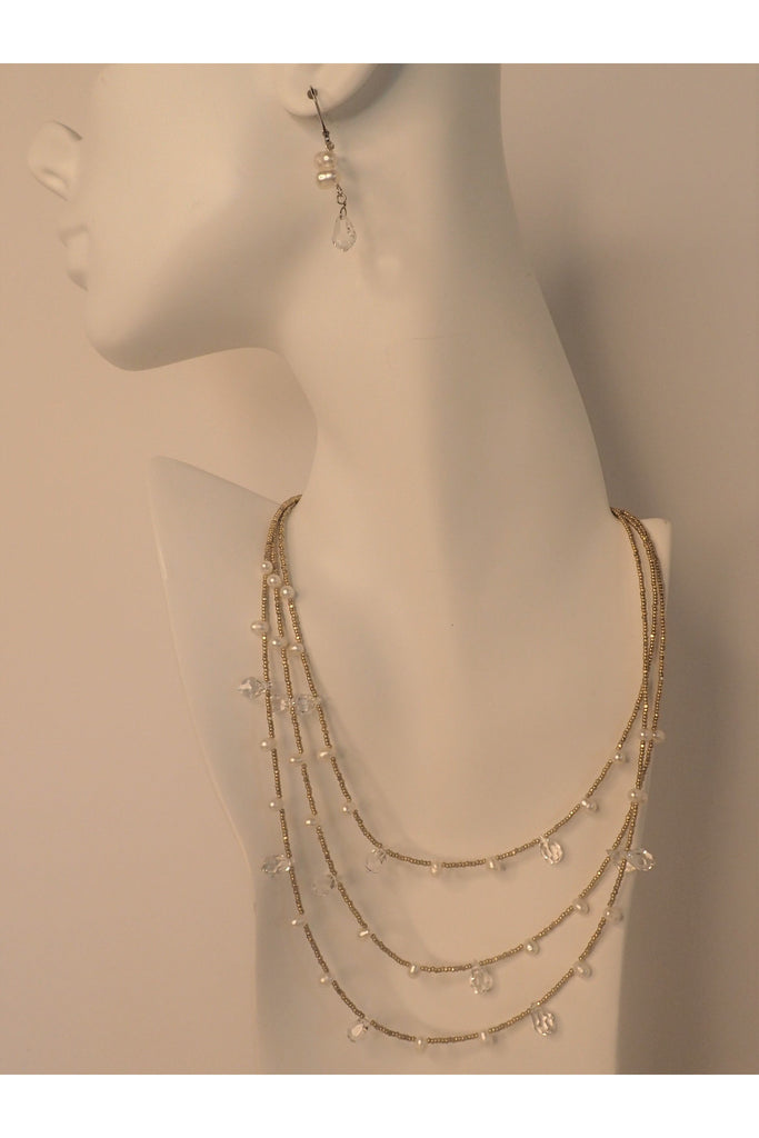 Essence Collection Crystal And Pearl Three Strand Gold Necklace Set-Necklaces-Essence collection-Deja Nu Boutique, Women's Fashion Boutique in Lampasas, Texas