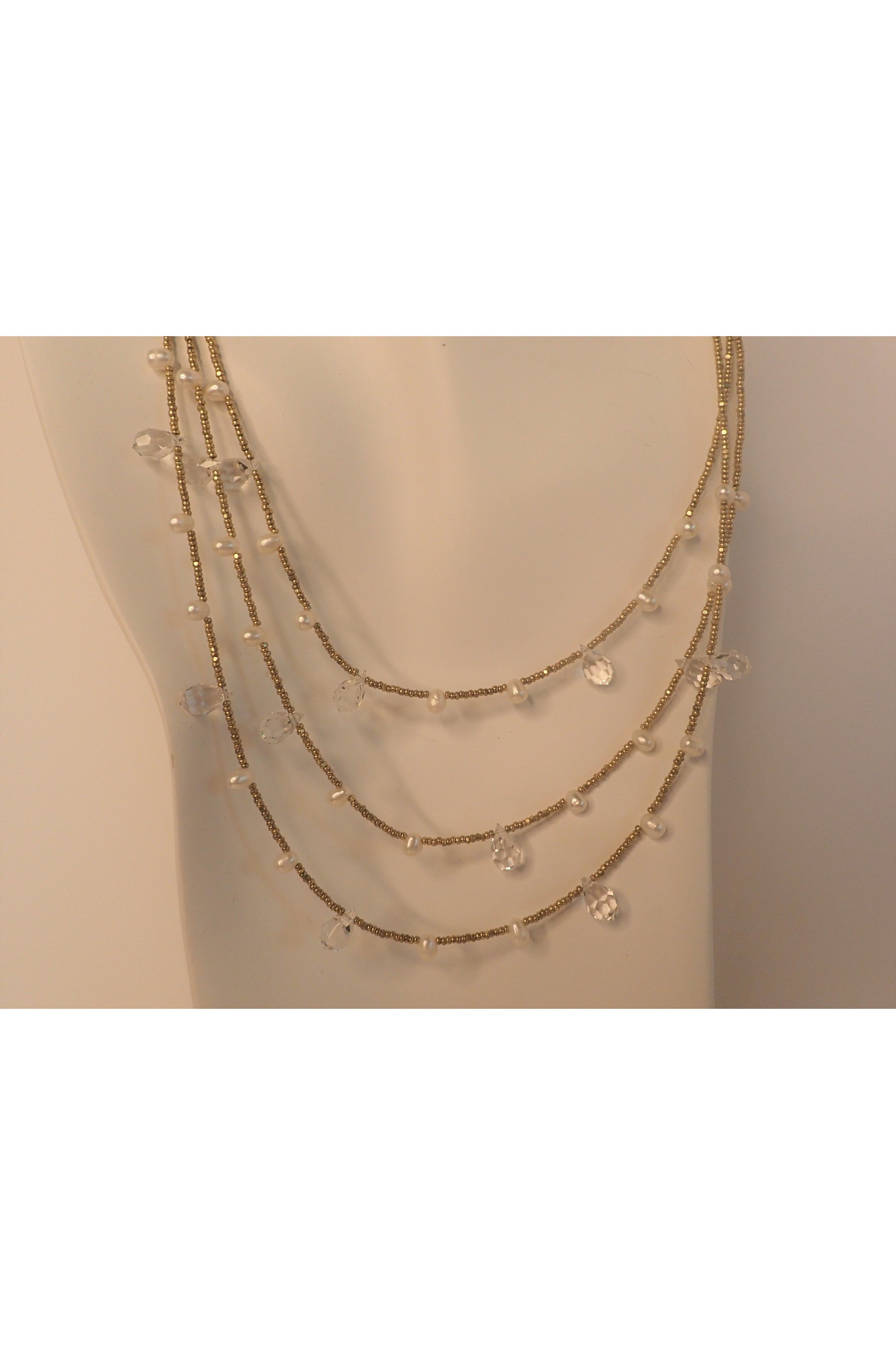 Essence Collection Crystal And Pearl Three Strand Gold Necklace Set-Necklaces-Essence collection-Deja Nu Boutique, Women's Fashion Boutique in Lampasas, Texas