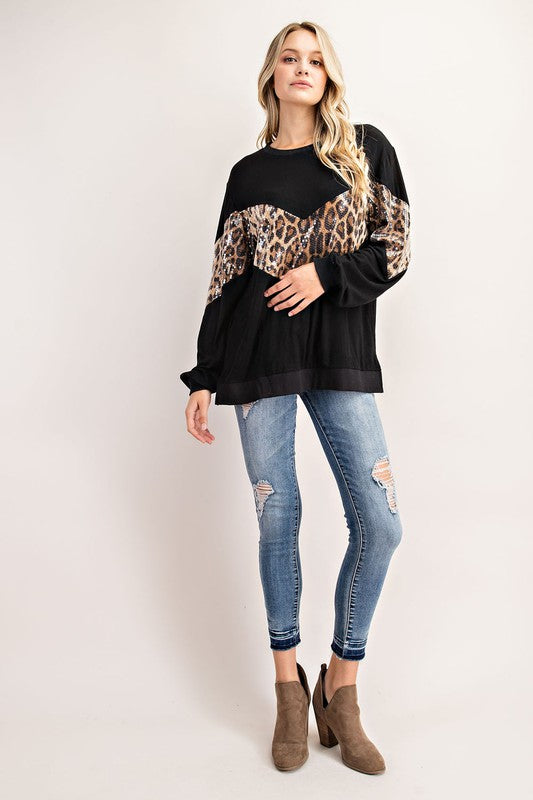 FSL Apparel Black Leopard Sequin Top-Tops-FSL Apparel-Deja Nu Boutique, Women's Fashion Boutique in Lampasas, Texas