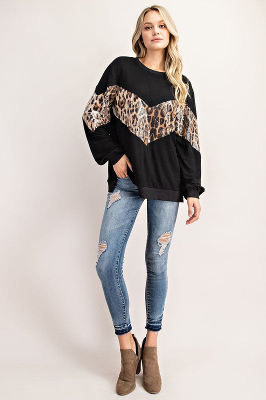 FSL Apparel Black Leopard Sequin Top-Tops-FSL Apparel-Deja Nu Boutique, Women's Fashion Boutique in Lampasas, Texas