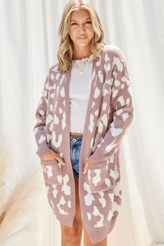 FSL Apparel Dusty Lilac Leopard Print Sweater Cardigan-Cardigans & Kimonos-FSL Apparel-Deja Nu Boutique, Women's Fashion Boutique in Lampasas, Texas