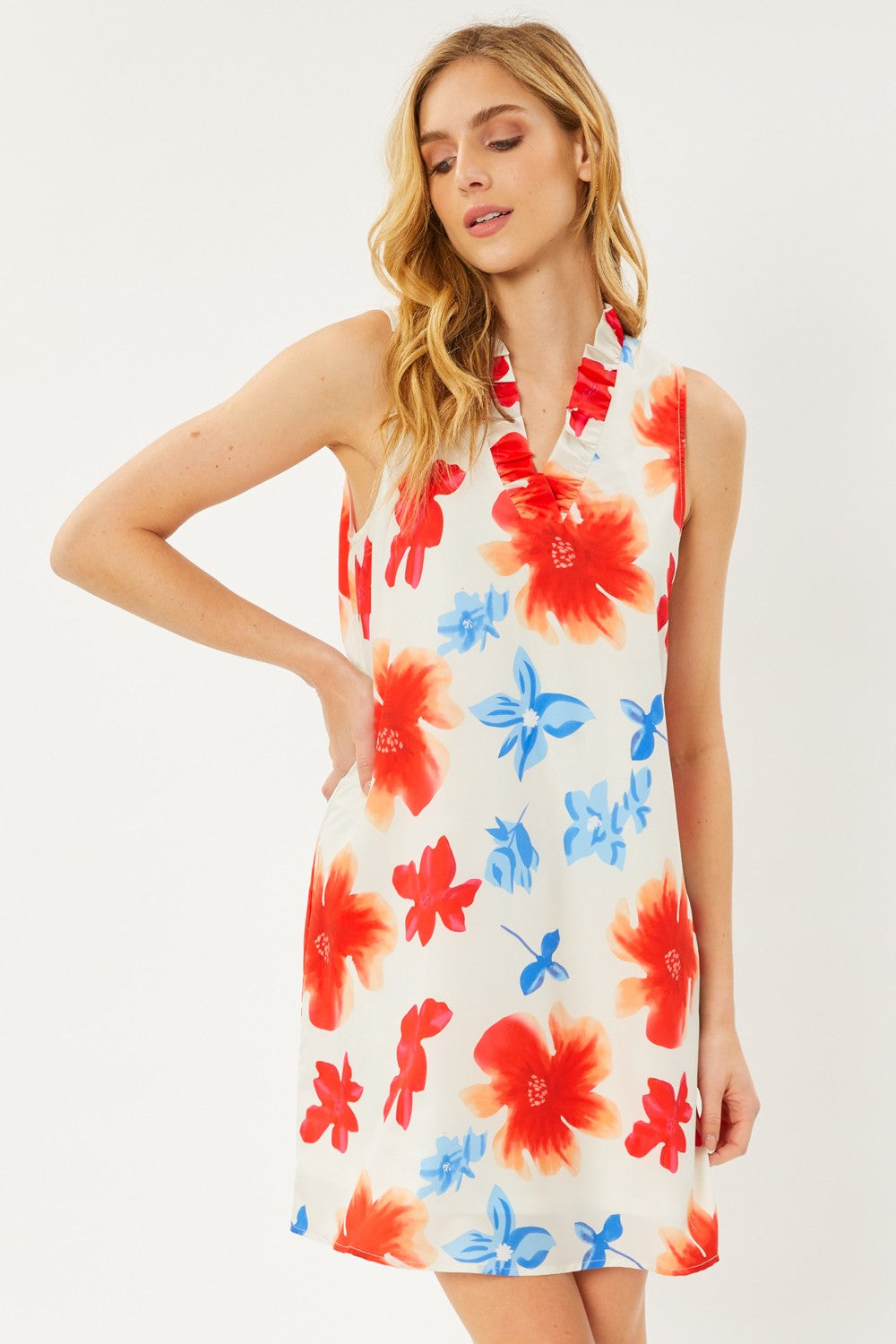 FSL Apparel Floral Print Sleeveless Ruffled V Neck Dress With Lining-Dresses-FSL Apparel-Deja Nu Boutique, Women's Fashion Boutique in Lampasas, Texas