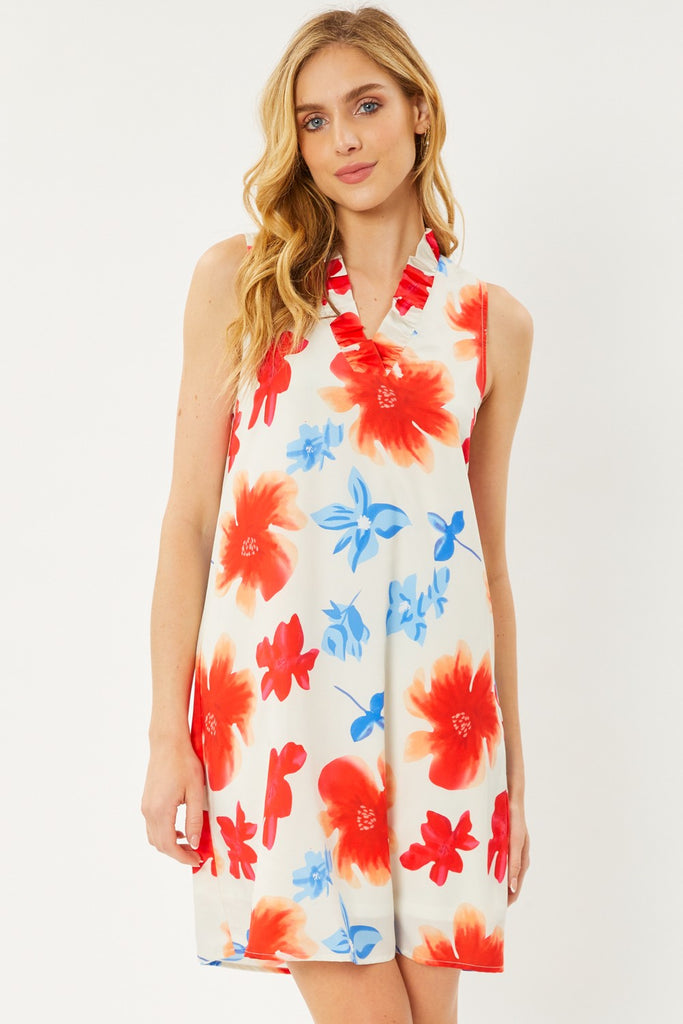 FSL Apparel Floral Print Sleeveless Ruffled V Neck Dress With Lining-Dresses-FSL Apparel-Deja Nu Boutique, Women's Fashion Boutique in Lampasas, Texas