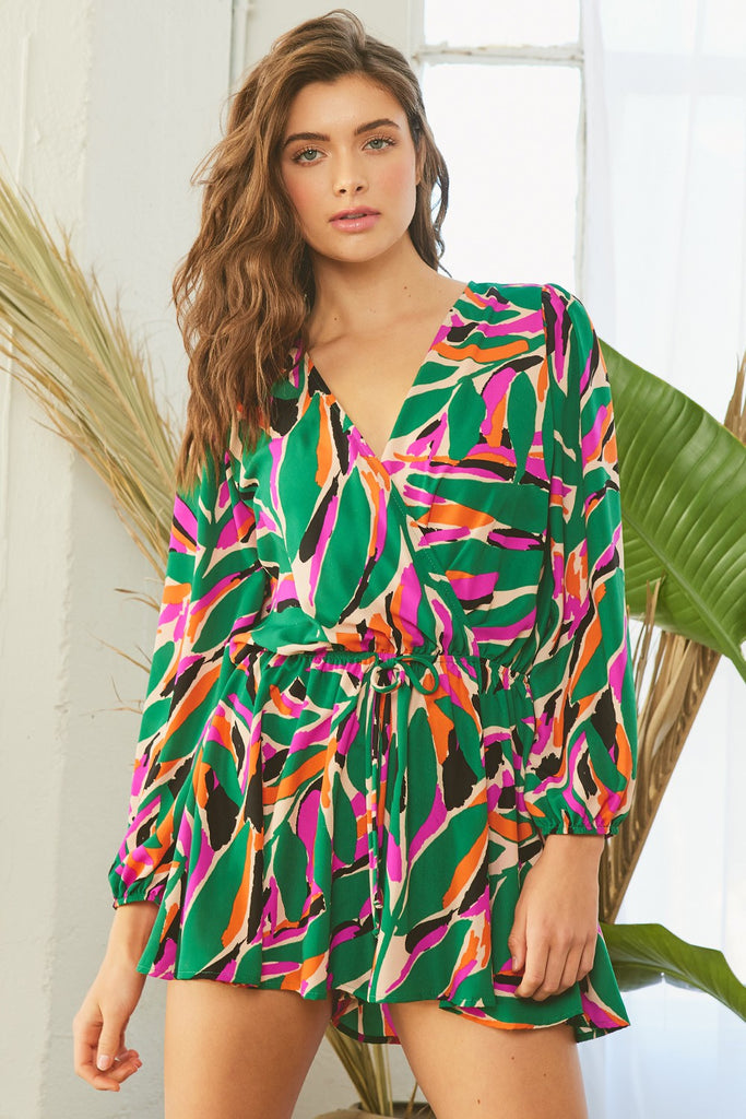 FSL Apparel Green Multi Color Print Surplice Romper With Back Keyhole Opening-Rompers & Jumpsuits-FSL Apparel-Deja Nu Boutique, Women's Fashion Boutique in Lampasas, Texas