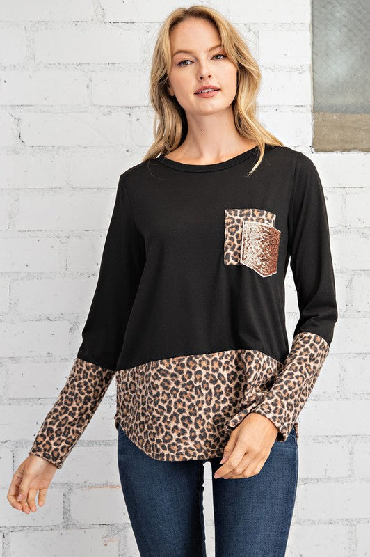 FSL Apparel Leopard/Black Top With Rose Gold Sequin Pocket-Tops-FSL Apparel-Deja Nu Boutique, Women's Fashion Boutique in Lampasas, Texas