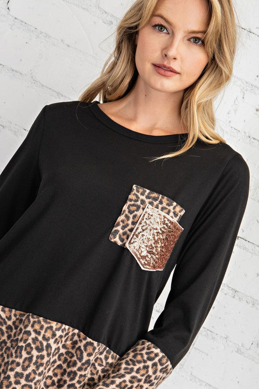 FSL Apparel Leopard/Black Top With Rose Gold Sequin Pocket-Tops-FSL Apparel-Deja Nu Boutique, Women's Fashion Boutique in Lampasas, Texas