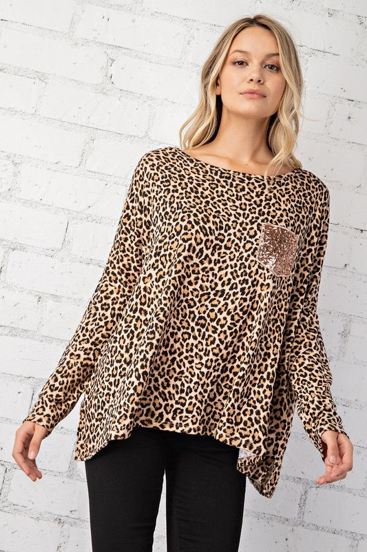 FSL Apparel Leopard Top With Rose Gold Sequin Pocket-Tops-FSL Apparel-Deja Nu Boutique, Women's Fashion Boutique in Lampasas, Texas