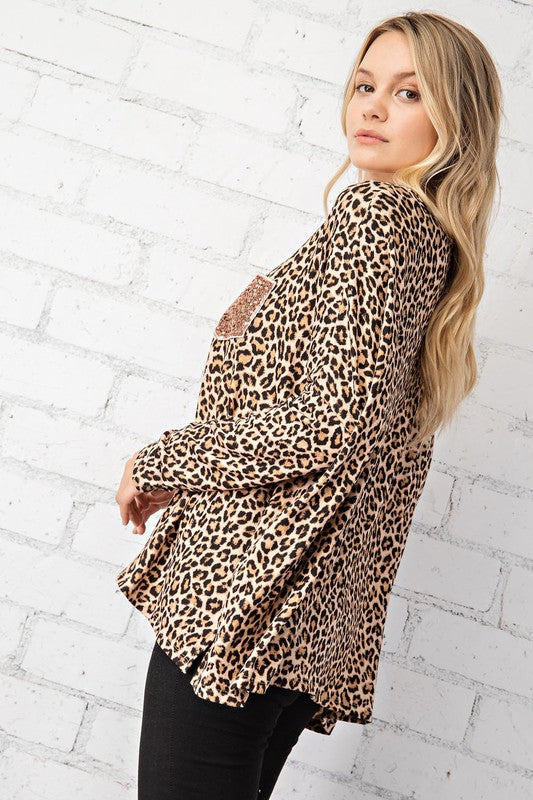 FSL Apparel Leopard Top With Rose Gold Sequin Pocket-Tops-FSL Apparel-Deja Nu Boutique, Women's Fashion Boutique in Lampasas, Texas