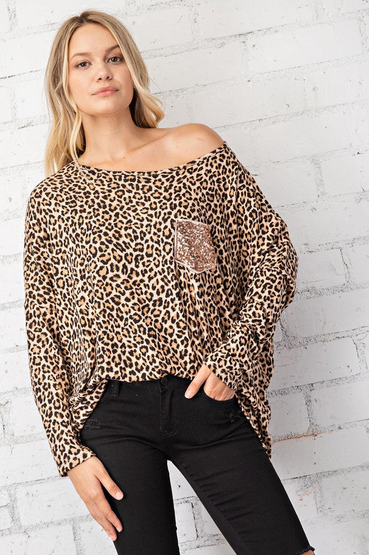 FSL Apparel Leopard Top With Rose Gold Sequin Pocket-Tops-FSL Apparel-Deja Nu Boutique, Women's Fashion Boutique in Lampasas, Texas
