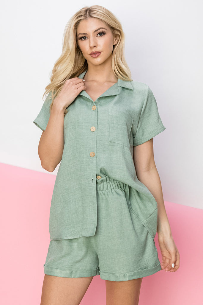 FSL Apparel Linen Blend Button Down Shirt With Chest Pockets In Sage-Tops-FSL Apparel-Deja Nu Boutique, Women's Fashion Boutique in Lampasas, Texas