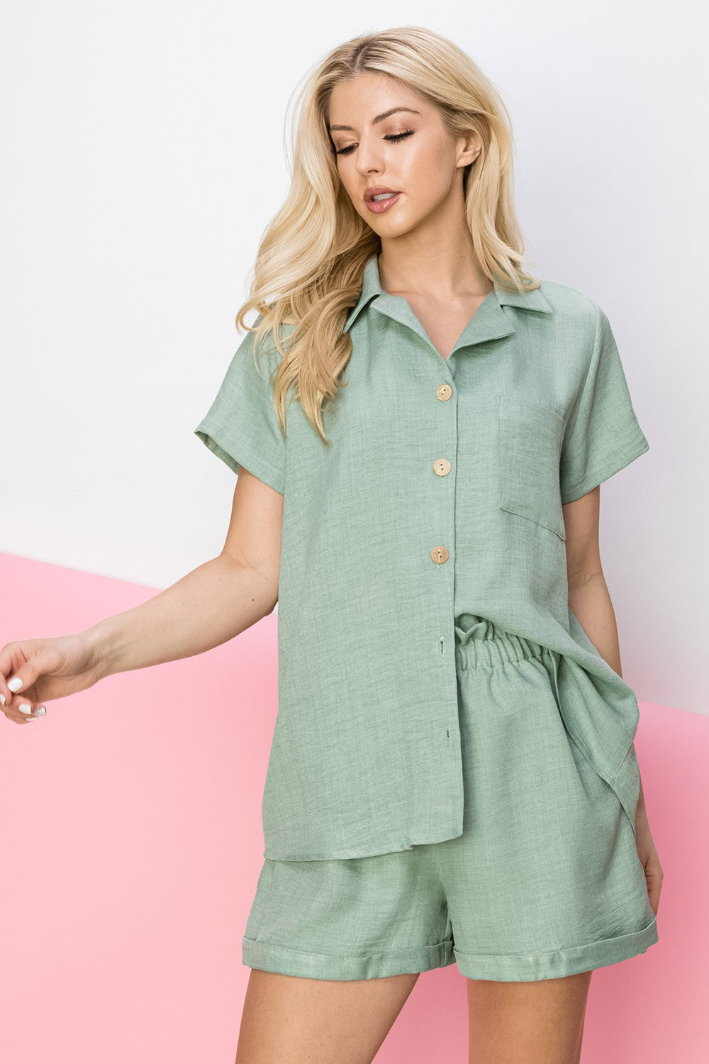 FSL Apparel Linen Blend Button Down Shirt With Chest Pockets In Sage-Tops-FSL Apparel-Deja Nu Boutique, Women's Fashion Boutique in Lampasas, Texas