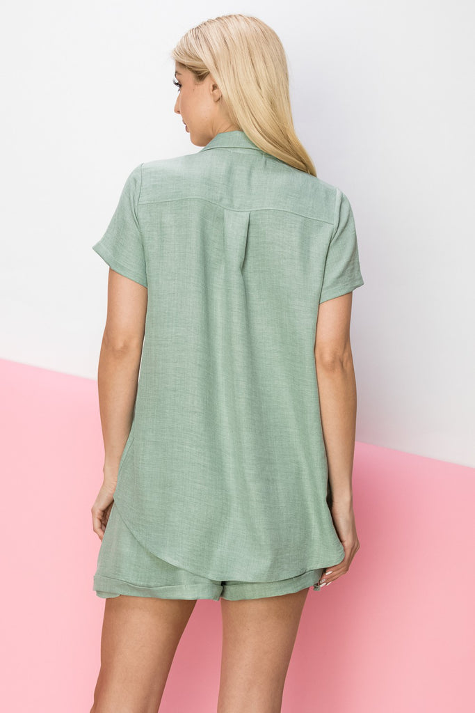 FSL Apparel Linen Blend Button Down Shirt With Chest Pockets In Sage-Tops-FSL Apparel-Deja Nu Boutique, Women's Fashion Boutique in Lampasas, Texas