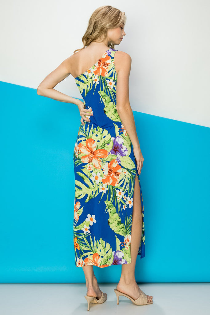 FSL Apparel Royal Blue Tropical Printed One Shoulder Maxi Dress-Maxi Dresses-FSL Apparel-Deja Nu Boutique, Women's Fashion Boutique in Lampasas, Texas