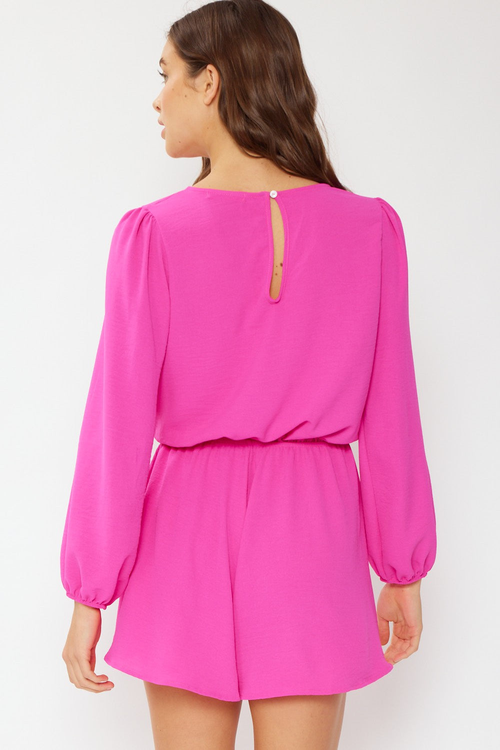 FSL Apparel Solid Airflow Surplice Romper With Back Keyhole Opening In Hot Pink-Rompers & Jumpsuits-FSL Apparel-Deja Nu Boutique, Women's Fashion Boutique in Lampasas, Texas