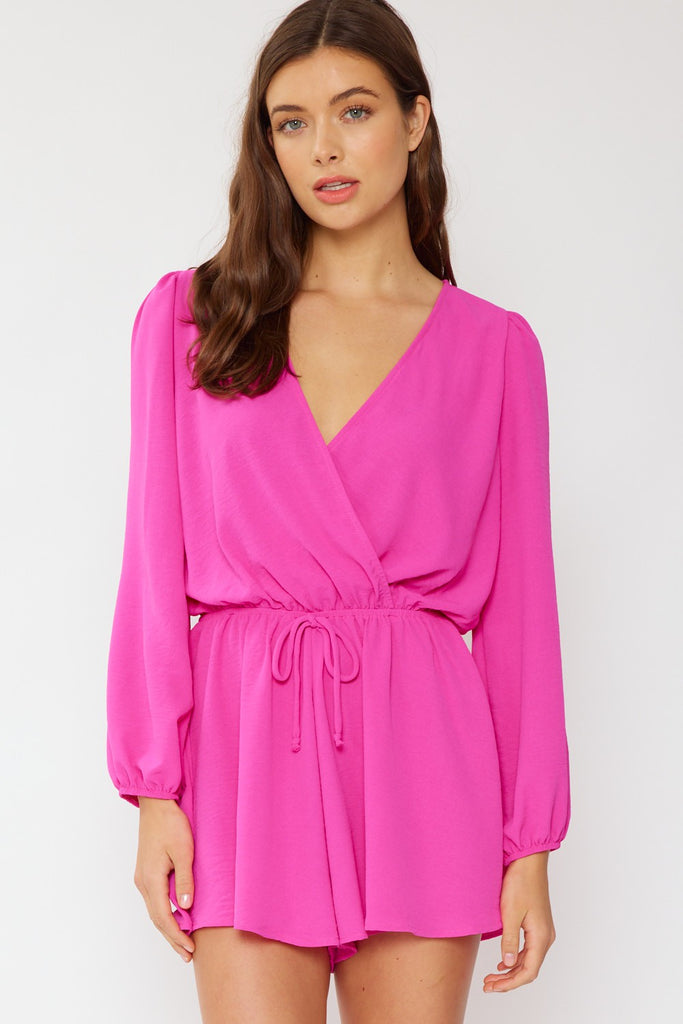 FSL Apparel Solid Airflow Surplice Romper With Back Keyhole Opening In Hot Pink-Rompers & Jumpsuits-FSL Apparel-Deja Nu Boutique, Women's Fashion Boutique in Lampasas, Texas
