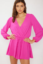 FSL Apparel Solid Airflow Surplice Romper With Back Keyhole Opening In Hot Pink-Rompers & Jumpsuits-FSL Apparel-Deja Nu Boutique, Women's Fashion Boutique in Lampasas, Texas