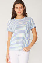 FSL Apparel Stripe Ribbed Knit Short Sleeve Top In Light Blue-Tops-FSL Apparel-Deja Nu Boutique, Women's Fashion Boutique in Lampasas, Texas