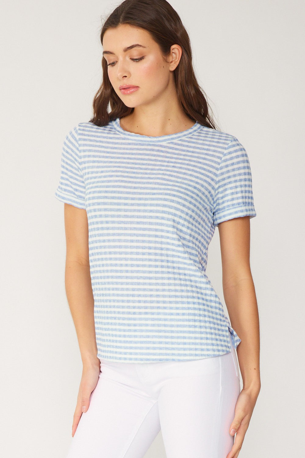 FSL Apparel Stripe Ribbed Knit Short Sleeve Top In Light Blue-Tops-FSL Apparel-Deja Nu Boutique, Women's Fashion Boutique in Lampasas, Texas