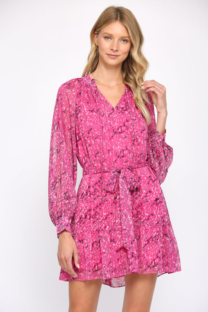 Fate Animal Print With Lurex Chiffon Tie Waist Dress In Hot Pink-Dresses-Fate-Deja Nu Boutique, Women's Fashion Boutique in Lampasas, Texas