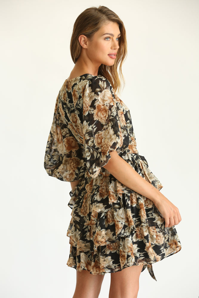 Fate Black Floral Print Tiered Mini Dress-Dresses-Fate-Deja Nu Boutique, Women's Fashion Boutique in Lampasas, Texas