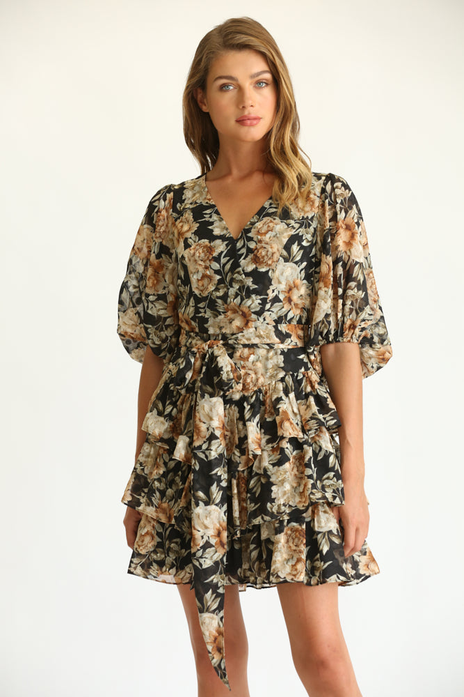 Fate Black Floral Print Tiered Mini Dress-Dresses-Fate-Deja Nu Boutique, Women's Fashion Boutique in Lampasas, Texas