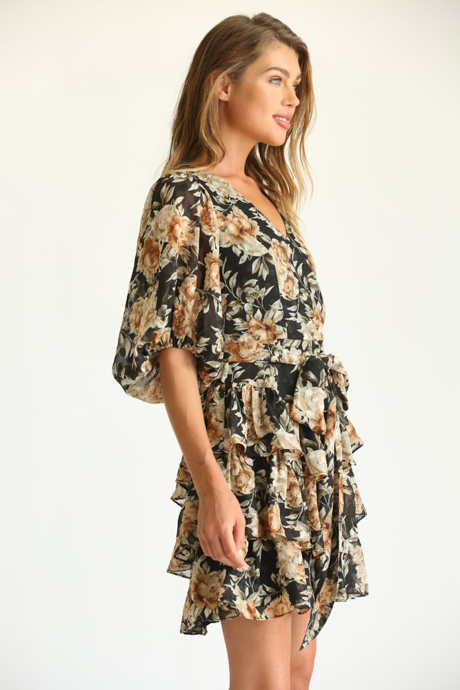 Fate Black Floral Print Tiered Mini Dress-Dresses-Fate-Deja Nu Boutique, Women's Fashion Boutique in Lampasas, Texas