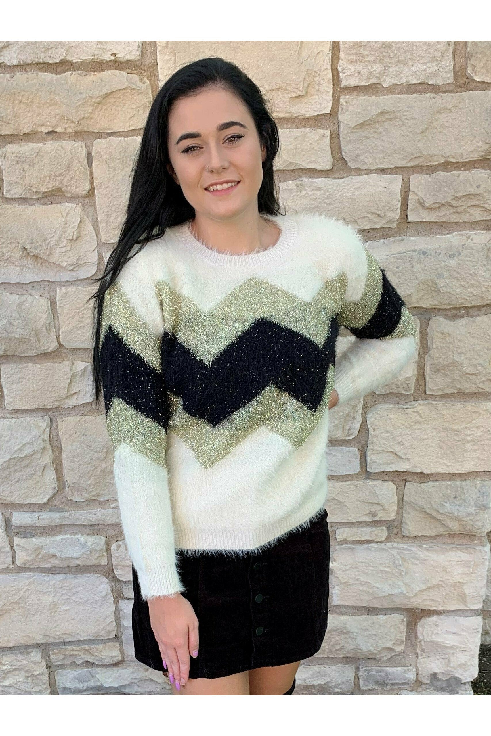 Fate Chevron Metallic Fuzzy Sweater-Sweaters-Fate-Deja Nu Boutique, Women's Fashion Boutique in Lampasas, Texas