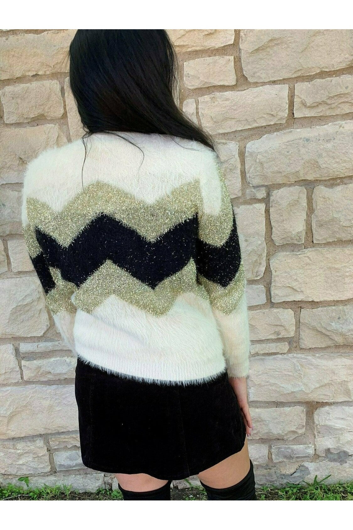 Fate Chevron Metallic Fuzzy Sweater-Sweaters-Fate-Deja Nu Boutique, Women's Fashion Boutique in Lampasas, Texas