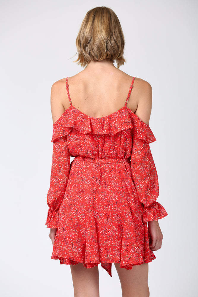 Fate Ditsy Red Floral Print Cold Shoulder Ruffle Dress-Dresses-Fate-Deja Nu Boutique, Women's Fashion Boutique in Lampasas, Texas