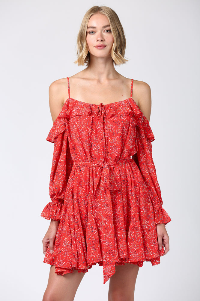 Fate Ditsy Red Floral Print Cold Shoulder Ruffle Dress-Dresses-Fate-Deja Nu Boutique, Women's Fashion Boutique in Lampasas, Texas