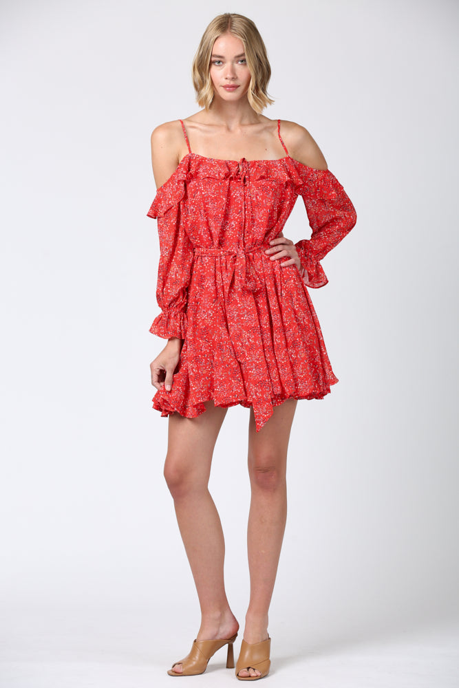 Fate Ditsy Red Floral Print Cold Shoulder Ruffle Dress-Dresses-Fate-Deja Nu Boutique, Women's Fashion Boutique in Lampasas, Texas