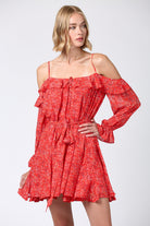 Fate Ditsy Red Floral Print Cold Shoulder Ruffle Dress-Dresses-Fate-Deja Nu Boutique, Women's Fashion Boutique in Lampasas, Texas