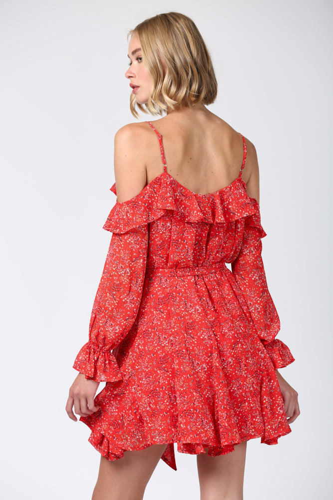 Fate Ditsy Red Floral Print Cold Shoulder Ruffle Dress-Dresses-Fate-Deja Nu Boutique, Women's Fashion Boutique in Lampasas, Texas