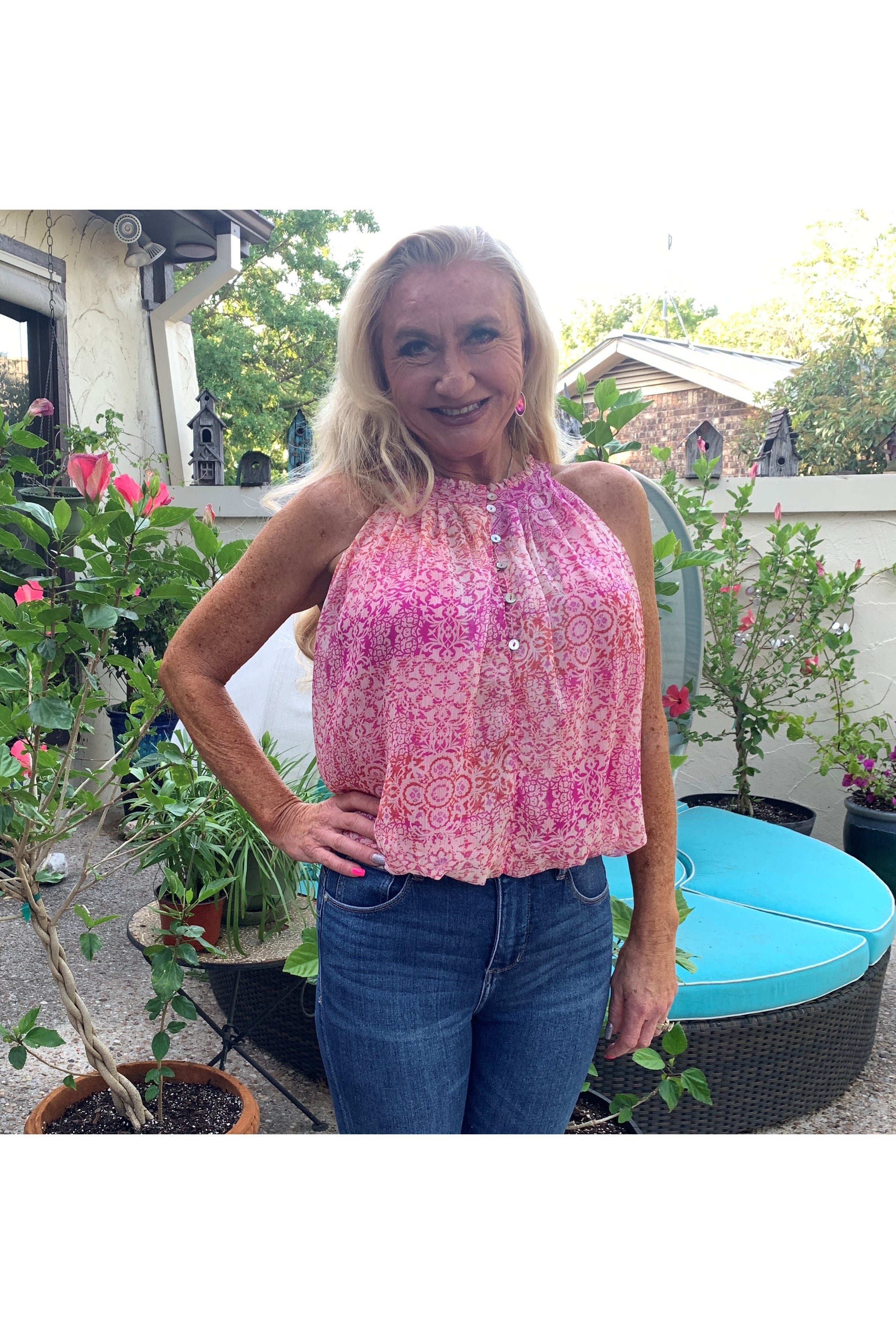 Fate Floral Halter Button Front Blouse In Fuchsia Multi-Tops-Fate-Deja Nu Boutique, Women's Fashion Boutique in Lampasas, Texas