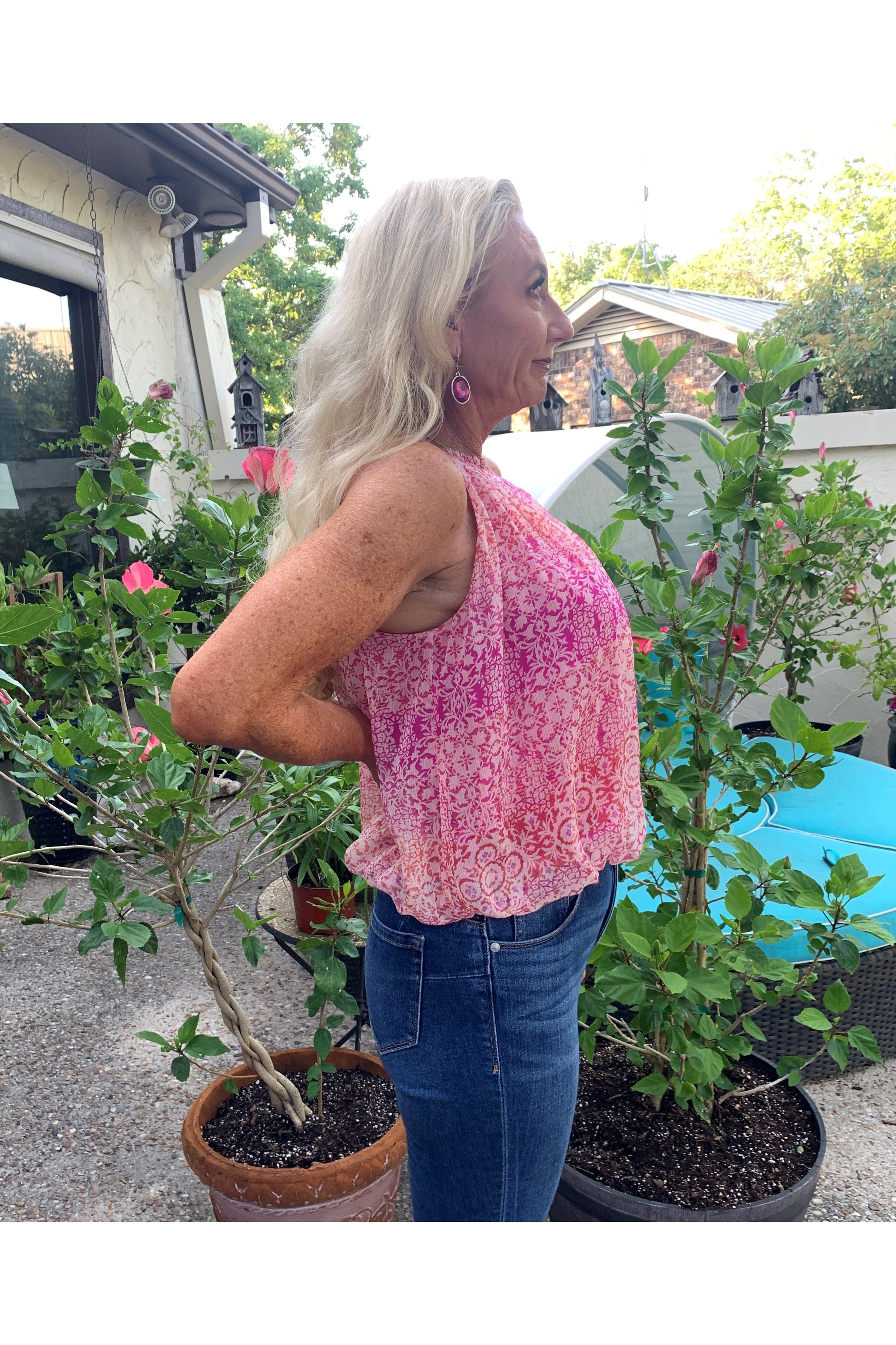 Fate Floral Halter Button Front Blouse In Fuchsia Multi-Tops-Fate-Deja Nu Boutique, Women's Fashion Boutique in Lampasas, Texas