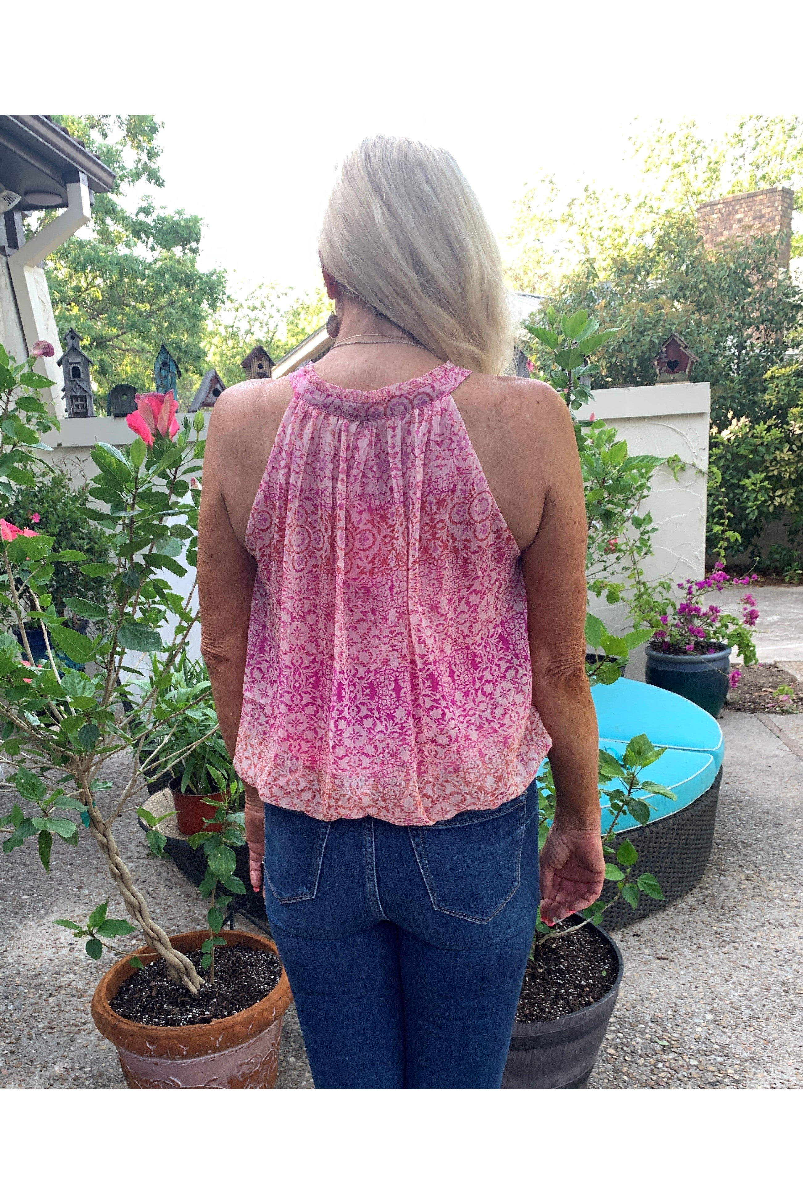 Fate Floral Halter Button Front Blouse In Fuchsia Multi-Tops-Fate-Deja Nu Boutique, Women's Fashion Boutique in Lampasas, Texas