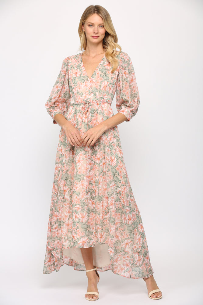 Fate Floral Print Wrap Dress In Cream And Coral-Maxi Dresses-Fate-Deja Nu Boutique, Women's Fashion Boutique in Lampasas, Texas