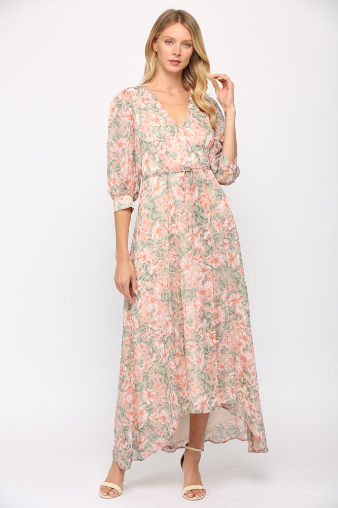 Fate Floral Print Wrap Dress In Cream And Coral-Maxi Dresses-Fate-Deja Nu Boutique, Women's Fashion Boutique in Lampasas, Texas