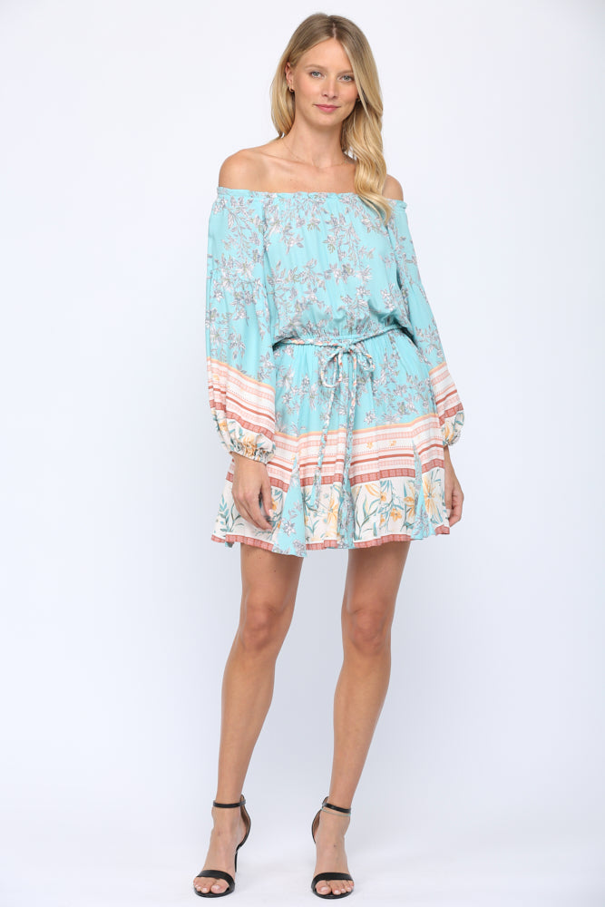 Fate Off The Shoulder Braided Belt Dress In Mint Multi-Short Dresses-Fate-Deja Nu Boutique, Women's Fashion Boutique in Lampasas, Texas