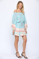 Fate Off The Shoulder Braided Belt Dress In Mint Multi-Short Dresses-Fate-Deja Nu Boutique, Women's Fashion Boutique in Lampasas, Texas