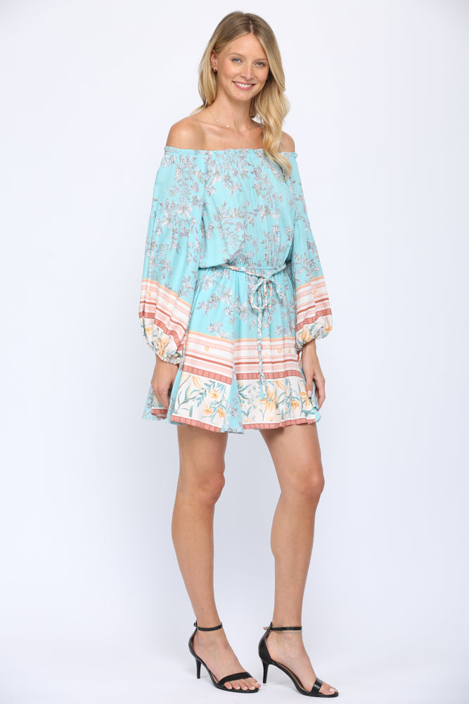 Fate Off The Shoulder Braided Belt Dress In Mint Multi-Short Dresses-Fate-Deja Nu Boutique, Women's Fashion Boutique in Lampasas, Texas