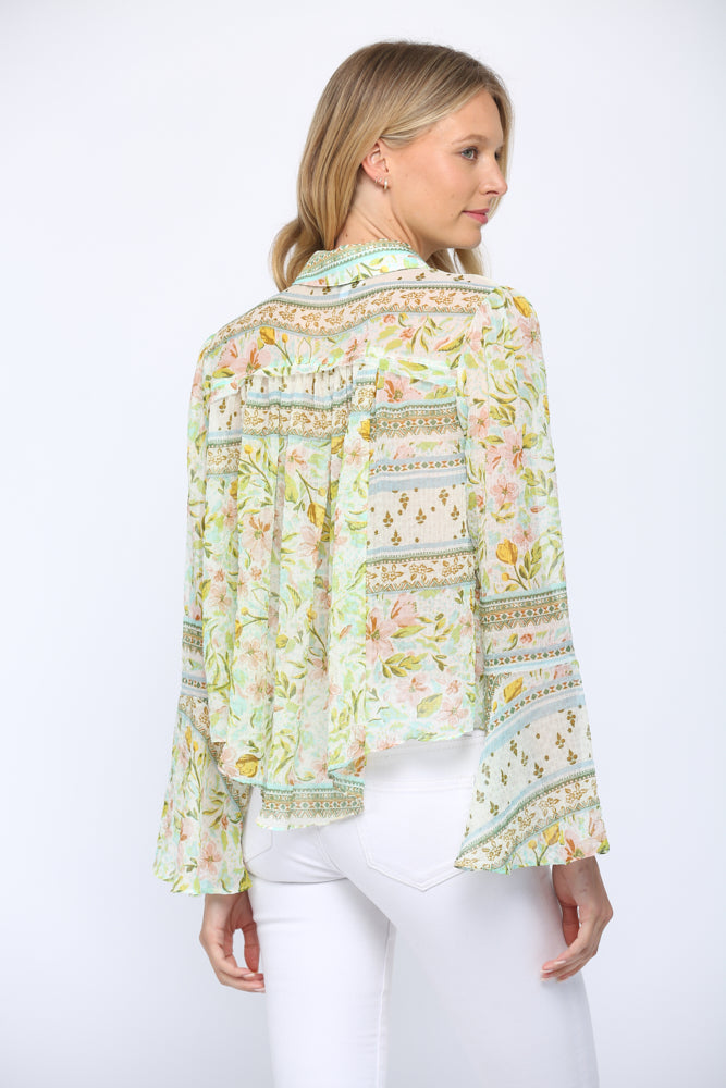 Fate Tie Neck Bell Sleeve Blouse In Green Multi-Tops-Fate-Deja Nu Boutique, Women's Fashion Boutique in Lampasas, Texas