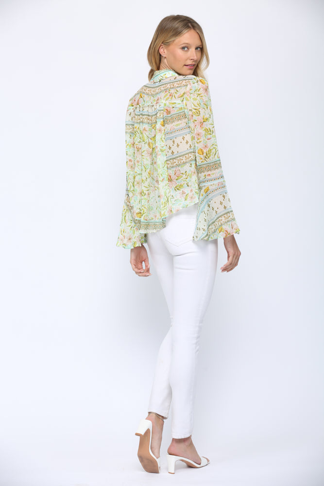 Fate Tie Neck Bell Sleeve Blouse In Green Multi-Tops-Fate-Deja Nu Boutique, Women's Fashion Boutique in Lampasas, Texas