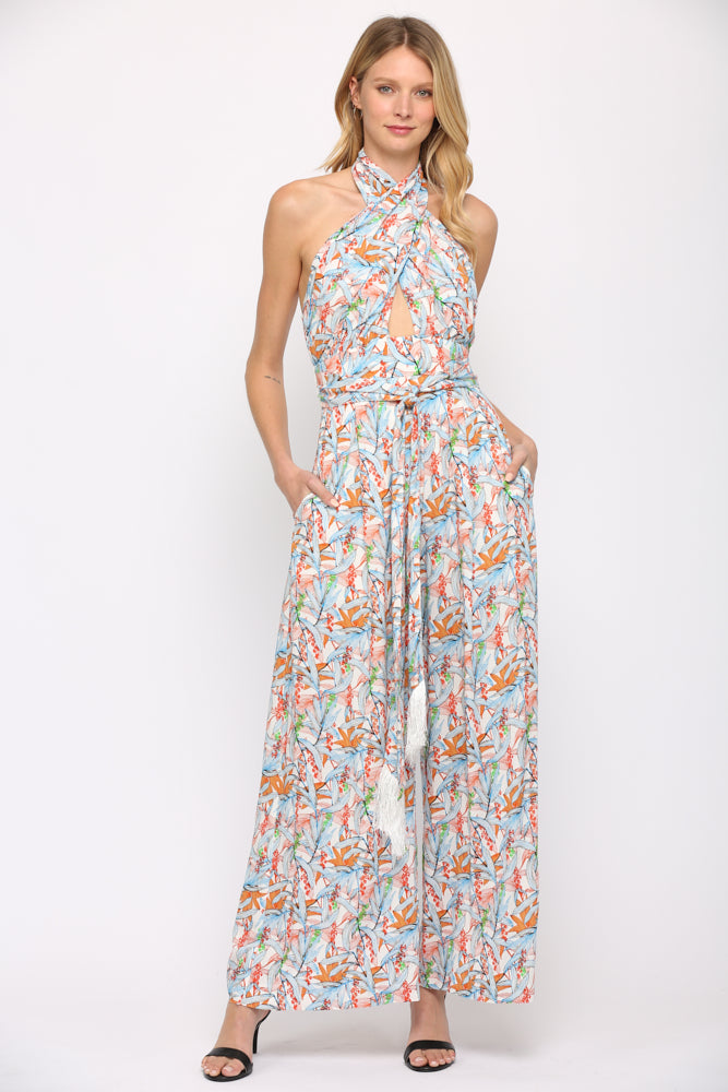 Fate Twist Halter Neck Jumpsuit In Blue Multi-Rompers & Jumpsuits-Fate-Deja Nu Boutique, Women's Fashion Boutique in Lampasas, Texas