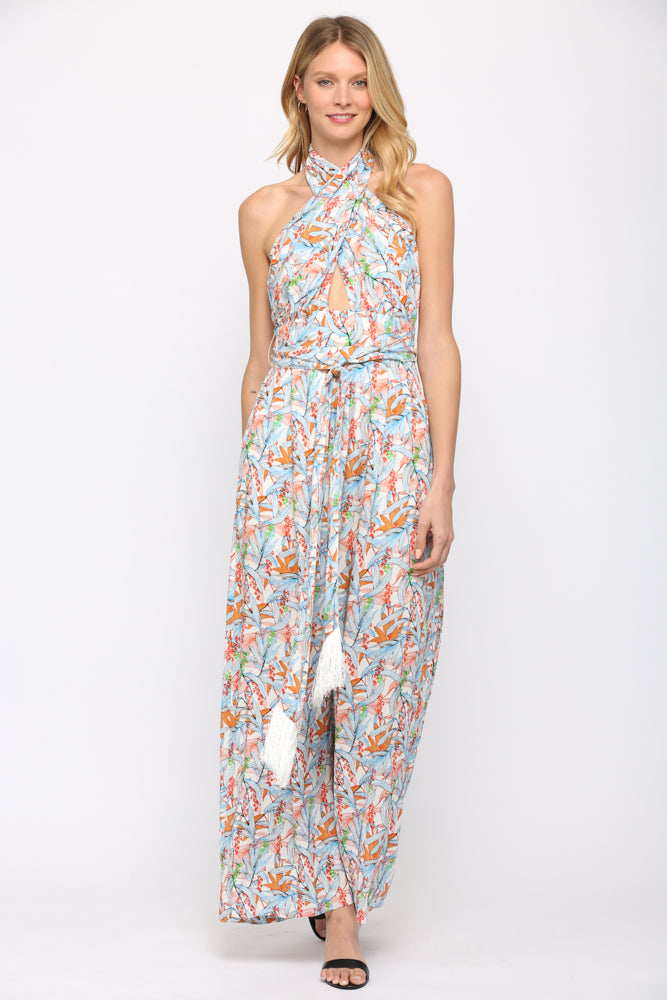 Fate Twist Halter Neck Jumpsuit In Blue Multi-Rompers & Jumpsuits-Fate-Deja Nu Boutique, Women's Fashion Boutique in Lampasas, Texas