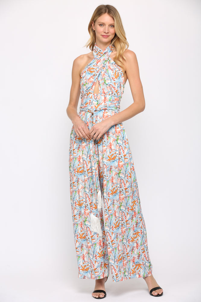 Fate Twist Halter Neck Jumpsuit In Blue Multi-Rompers & Jumpsuits-Fate-Deja Nu Boutique, Women's Fashion Boutique in Lampasas, Texas