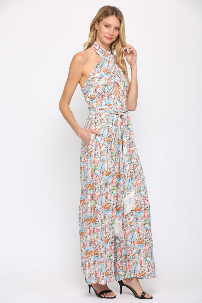 Fate Twist Halter Neck Jumpsuit In Blue Multi-Rompers & Jumpsuits-Fate-Deja Nu Boutique, Women's Fashion Boutique in Lampasas, Texas