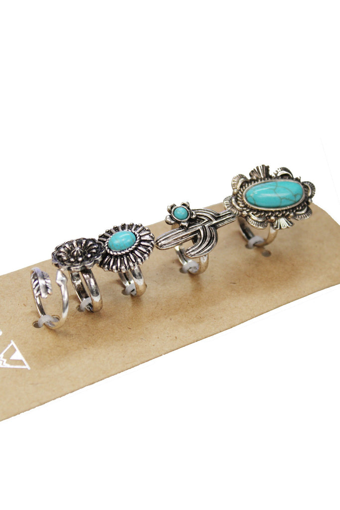 Five Piece Set Metal Western Ring With Turquoise Stones-Rings-Deja Nu-Deja Nu Boutique, Women's Fashion Boutique in Lampasas, Texas